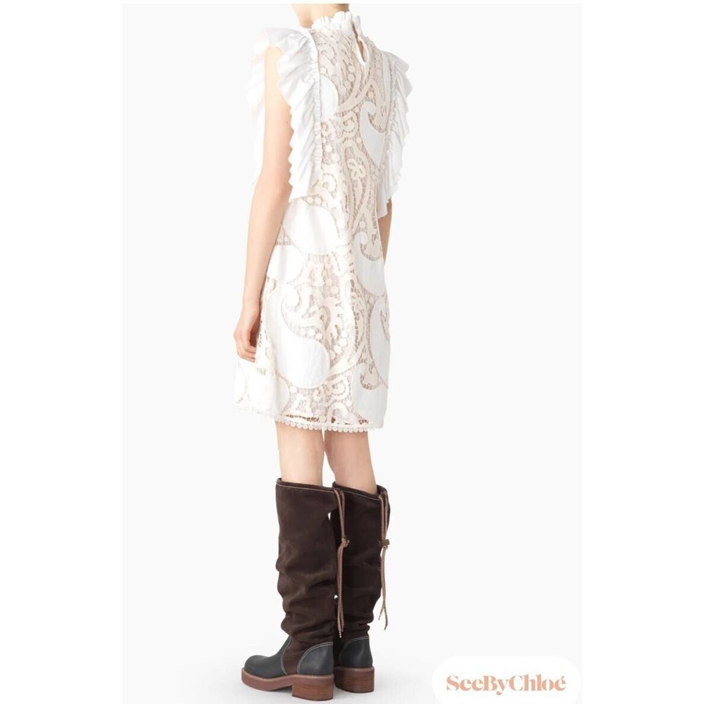 See by Chloe White Ruffle Smocked Lace Dress Paisley Ruffle US size 8 EU size 44 - Picture 3 of 11